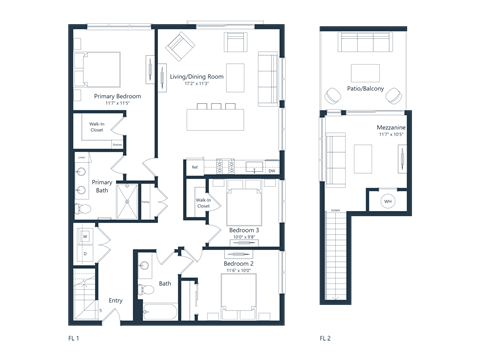 Floor plan for 3 beds, 2 baths, 1494 sqft